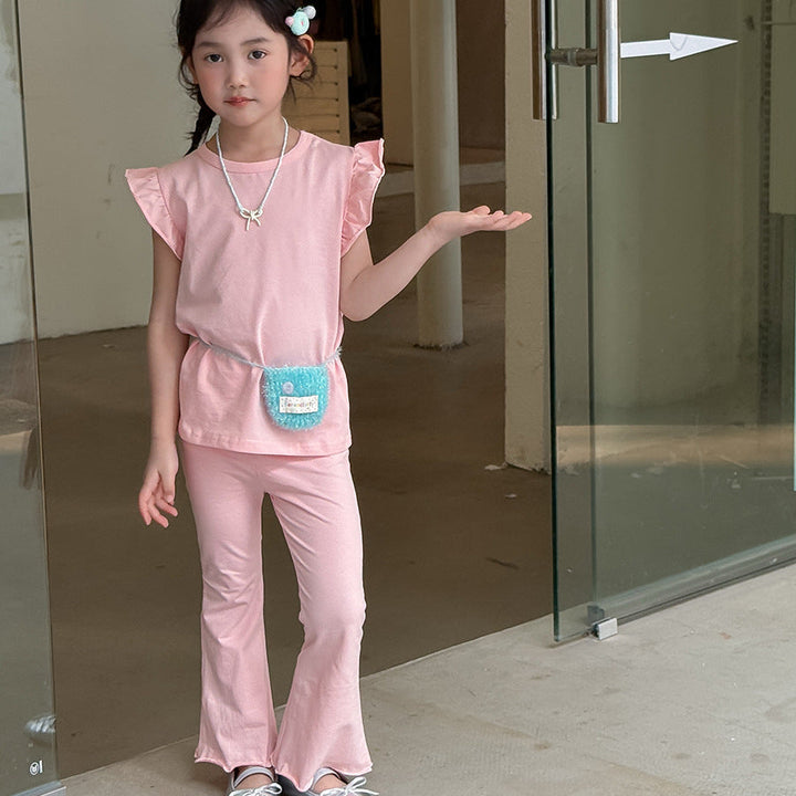 【90-140】ショルダーフリルノースリーブ×フレアパンツセット