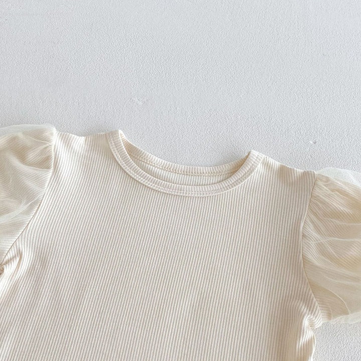【73-100】チュールパフスリーブTシャツ×ロンパースセット