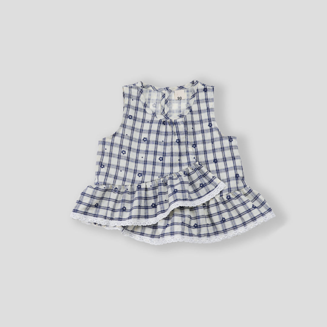 【90-140】花柄＆チェック柄フリルヘムセットアップ