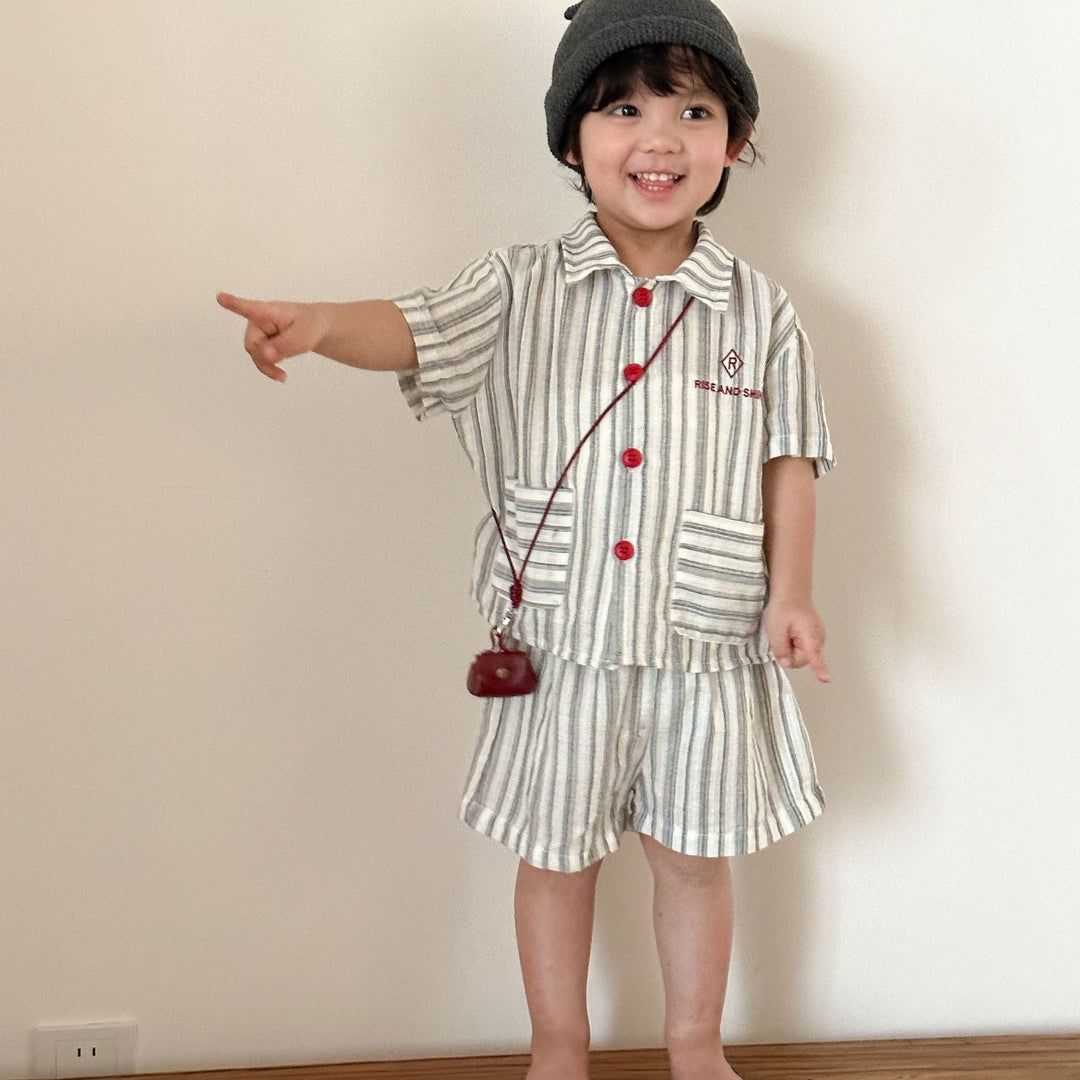 【80-150】ストライプデザイン半袖セットアップ