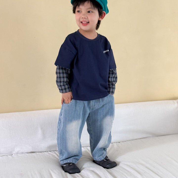 【80-150】ストライプ柄カーブデニムパンツ