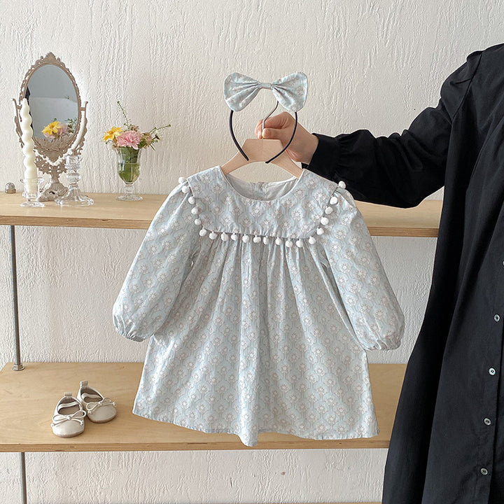 【90-140】ミニポンポンデザイン長袖ワンピース