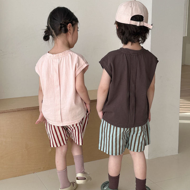 【80-150】フレンチスリーブトップス×ストライプハーフパンツセット