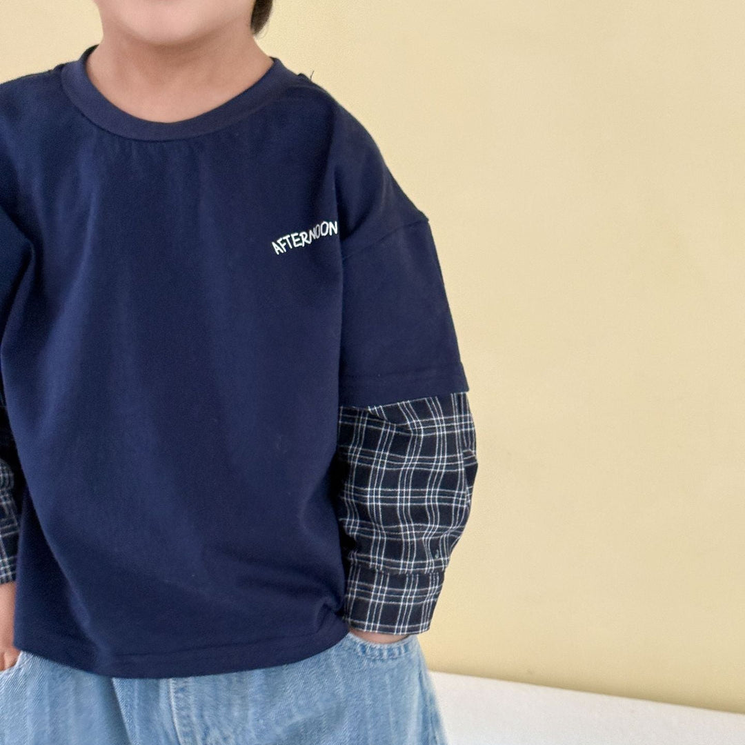 【80-150】バックプリントレイヤード風長袖Tシャツ
