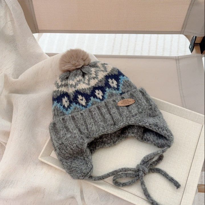 【48-52cm】ポンポン付きフェアアイル柄ニット帽