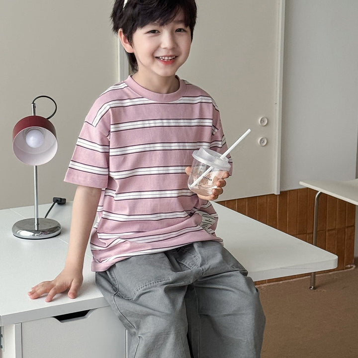 【90-150】マルチカラーボーダー柄Tシャツ