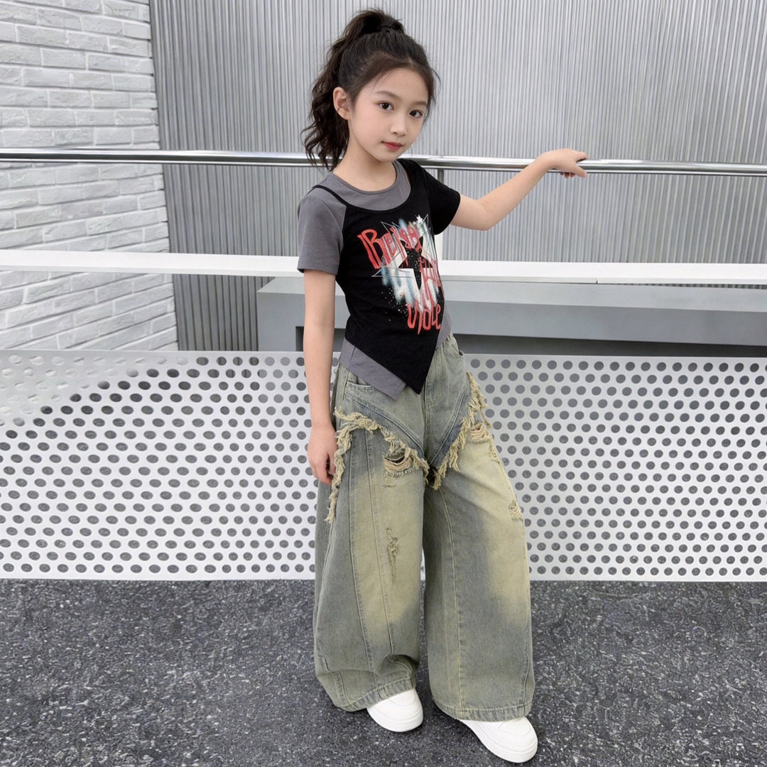 【120-150】カットオフデザインユーズド風デニムパンツ