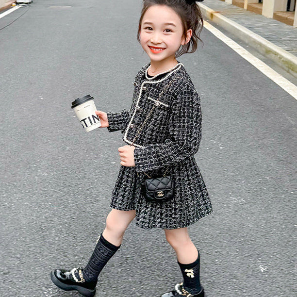 【90-140】ツイード風ジャケット×長袖ワンピースセット