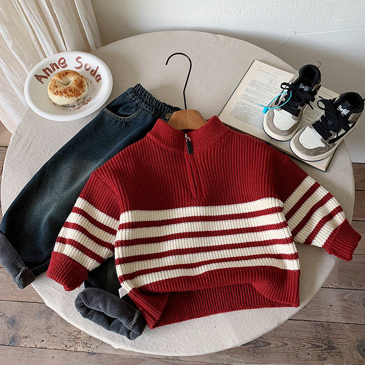 【90-150】ハーフジップパネルボーダーニット