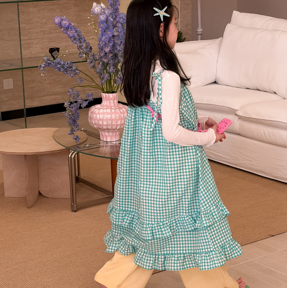 【100-150】チェック柄フリルデザインワンピース