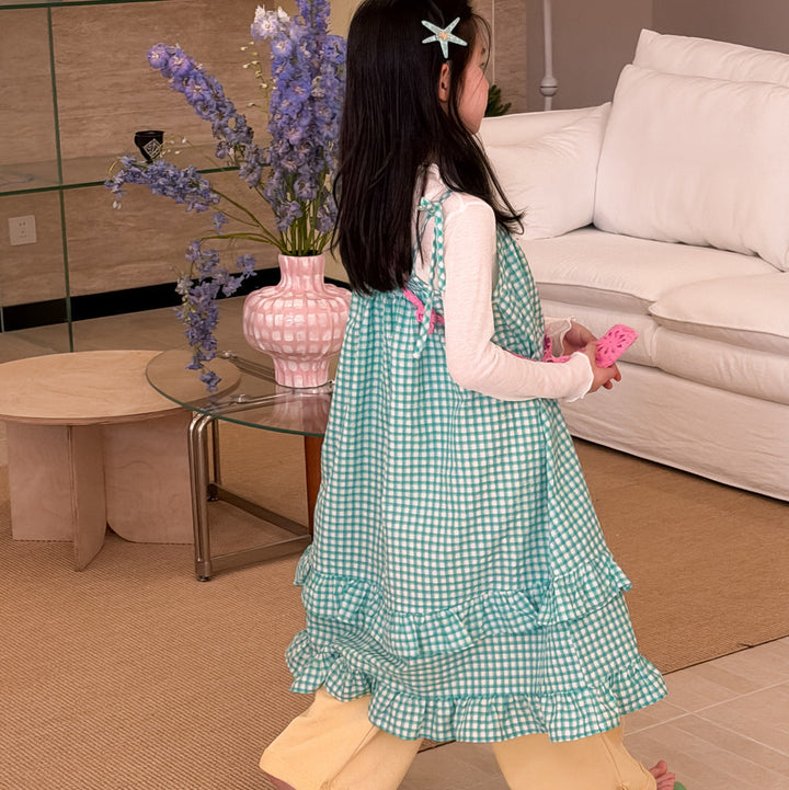 【100-150】チェック柄フリルデザインワンピース