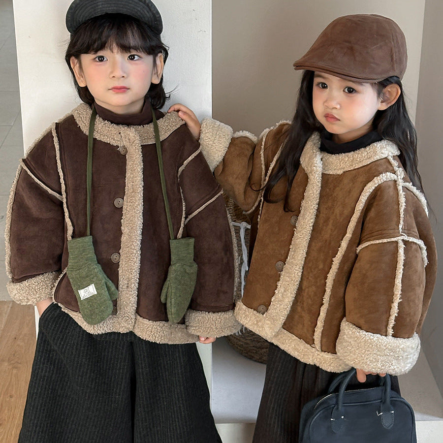 【80-140】ノーカラーフェイクムートンジャケット