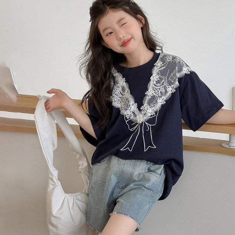 【120-150】レース＆リボンデザインTシャツ