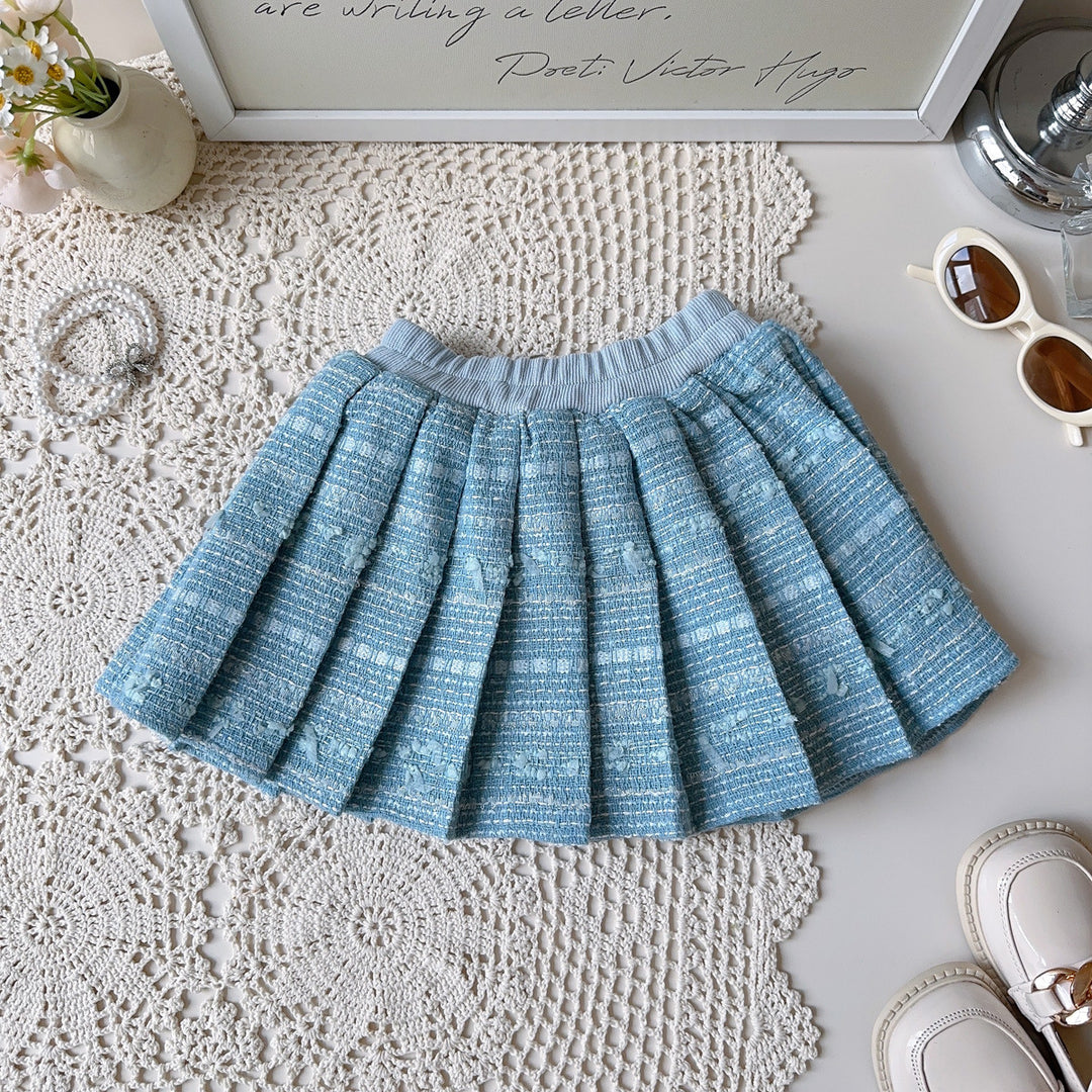 【90-140】肩フリルブラウス×ベスト×プリーツスカートセット