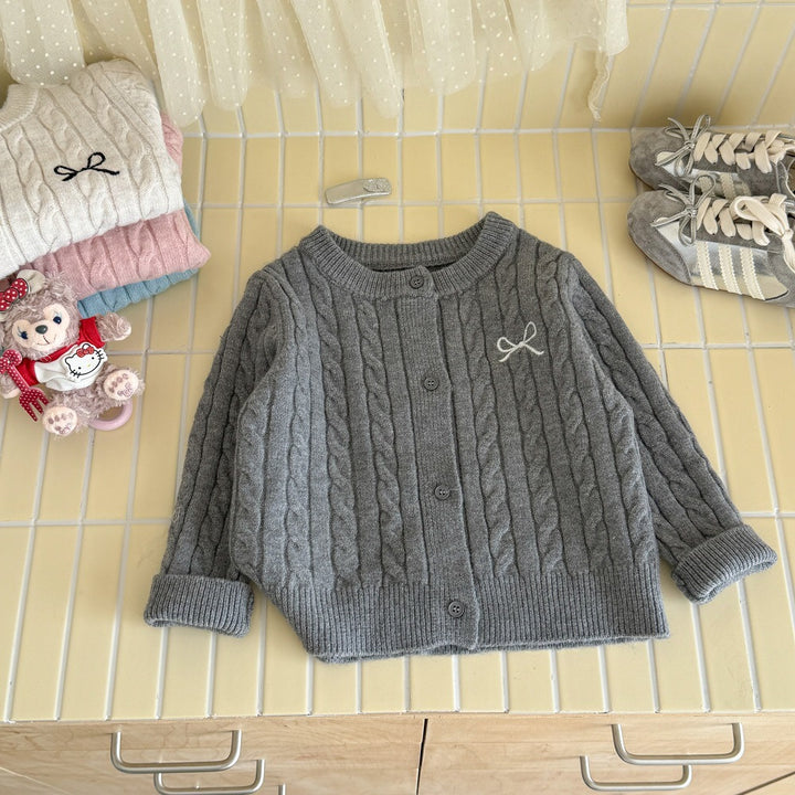 【90-140】ワンポイントリボンケーブル編みカーディガン