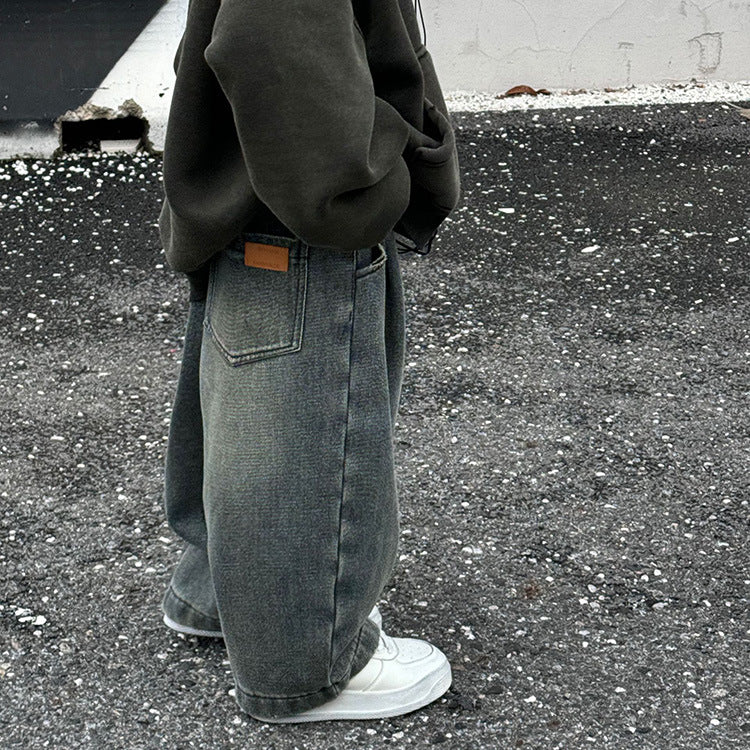 【90-140】裏起毛ワイドデニムパンツ