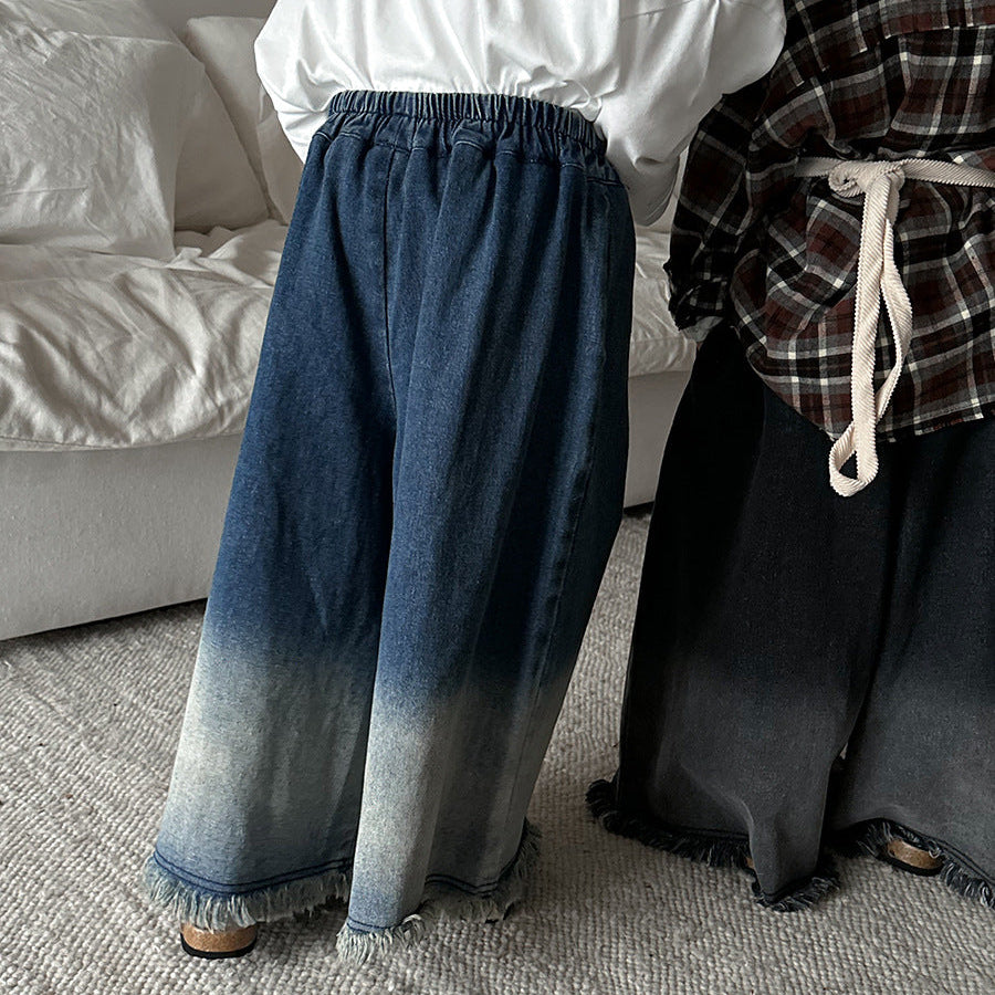 【80-140】カットオフデザインワイドデニムパンツ