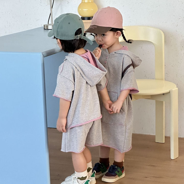 【80-150】ハーフボタンフーディートップス×ハーフパンツセット