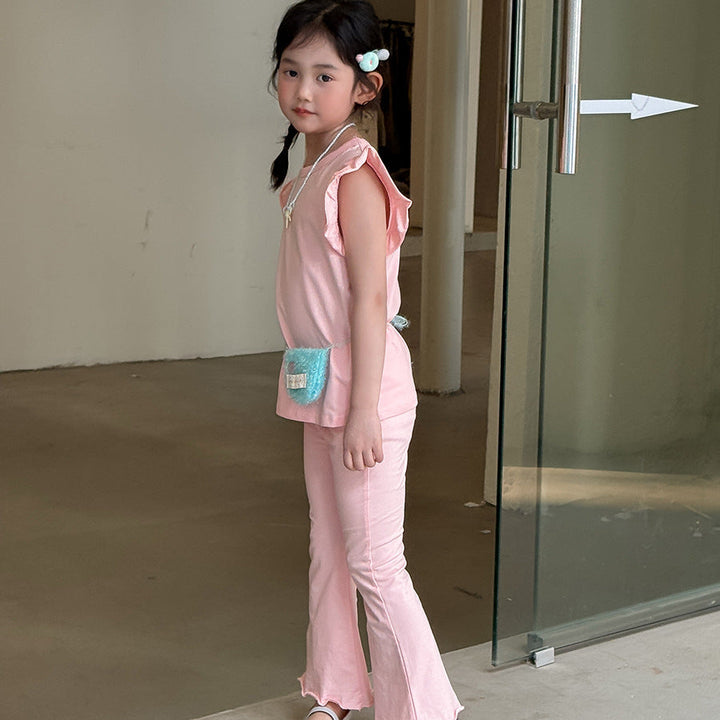 【90-140】ショルダーフリルノースリーブ×フレアパンツセット