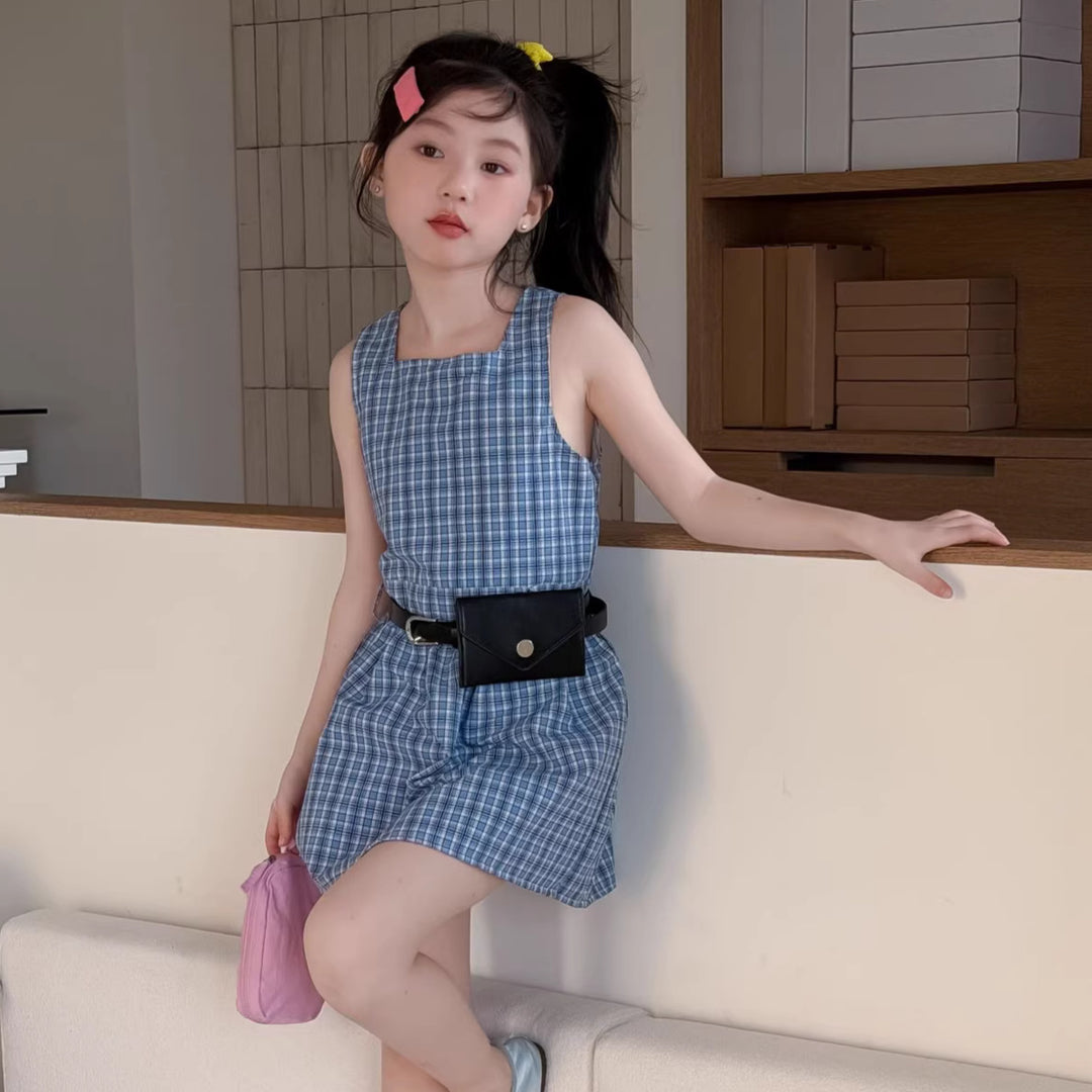 【100-150】チェック柄ノースリーブミニワンピース