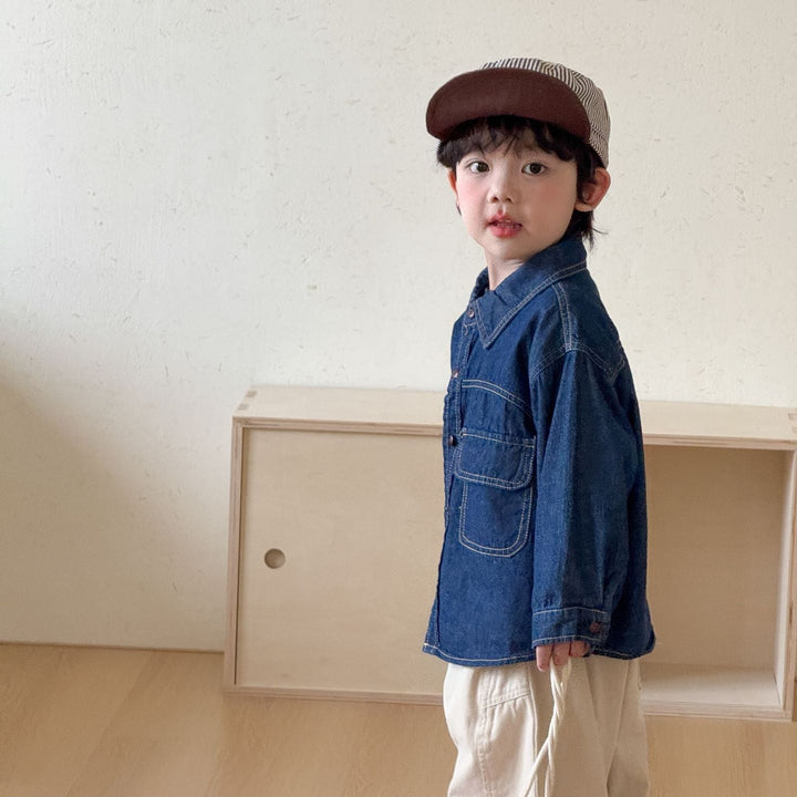 【80-150】ダブルポケット長袖デニムシャツ