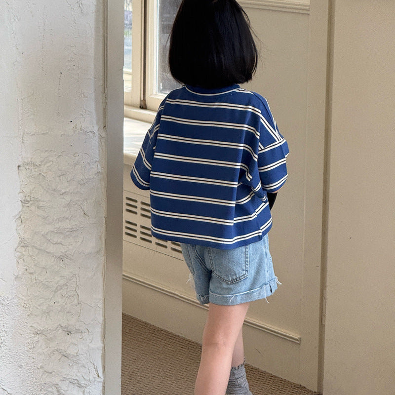 【120-150】ダブルリボンロールアップデニムショートパンツ