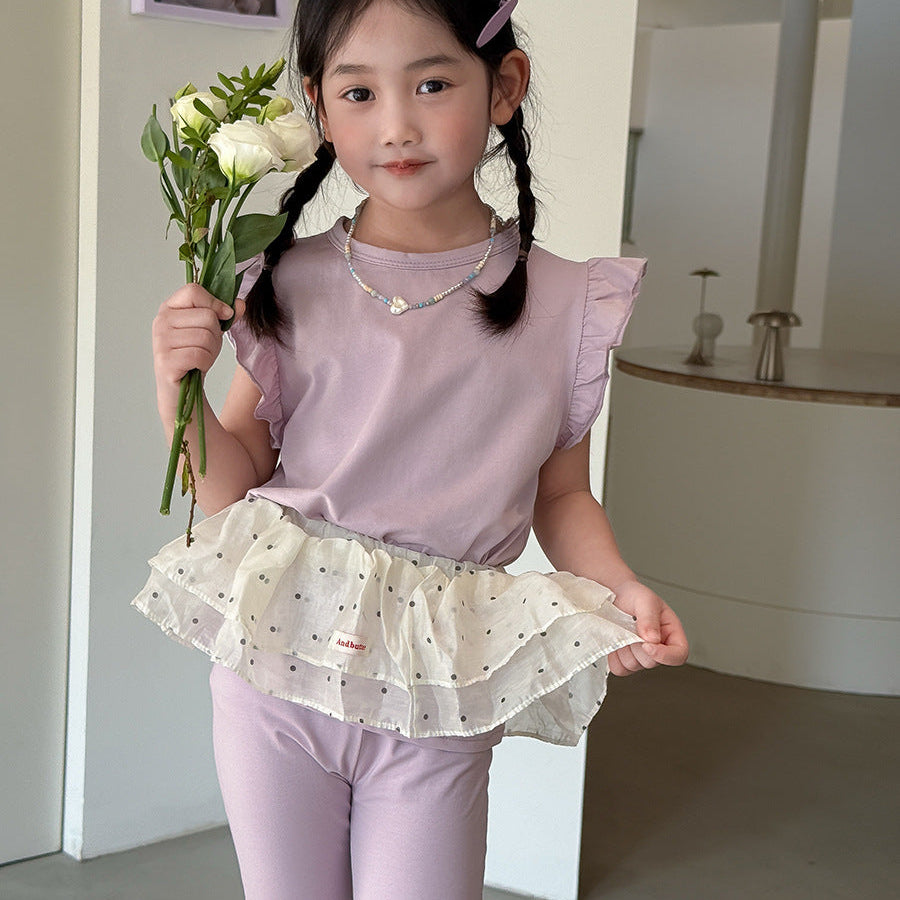 【90-140】ショルダーフリルノースリーブ×フレアパンツセット