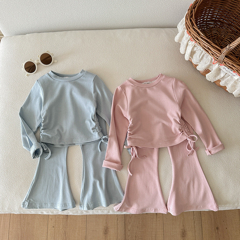 【90-140】ウエストシャーリングトップス×フレアパンツセット