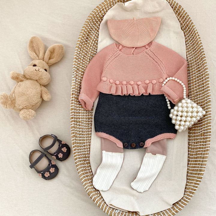 【73-90】バイカラーウエストフリルニットロンパース