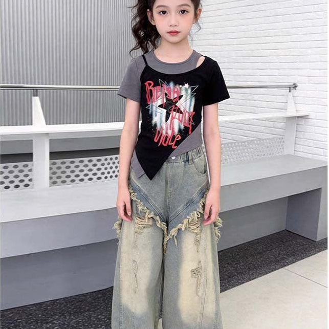 【120-150】カットオフデザインユーズド風デニムパンツ