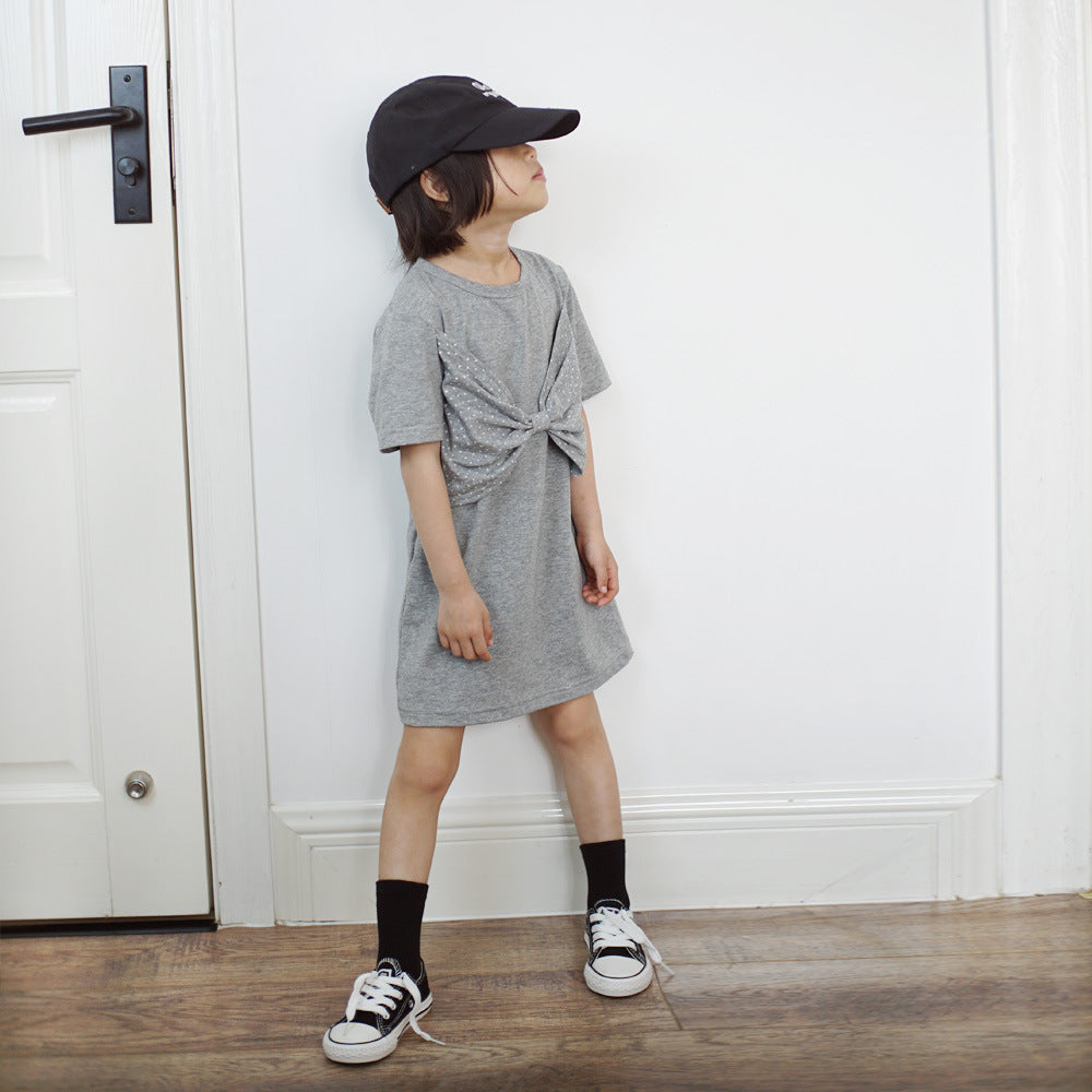 【90-150】ドット柄ビッグリボンTシャツワンピース