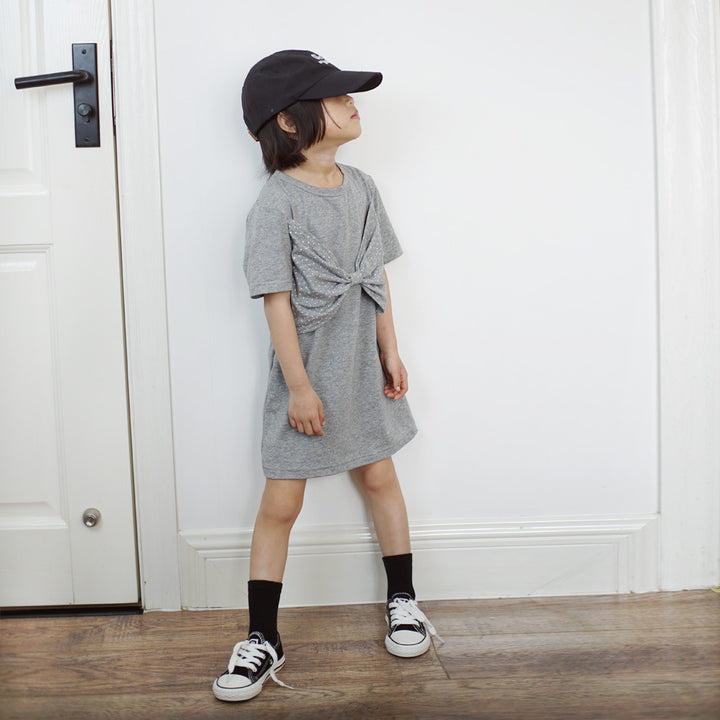【90-150】ドット柄ビッグリボンTシャツワンピース