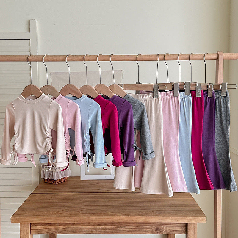 【90-140】ウエストシャーリングトップス×フレアパンツセット