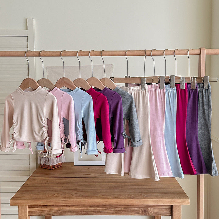 【90-140】ウエストシャーリングトップス×フレアパンツセット