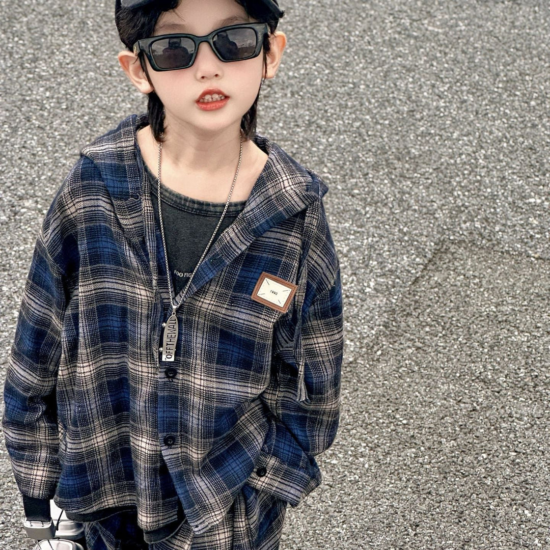 【90-140】フード付きチェック柄シャツ×カジュアルパンツセット