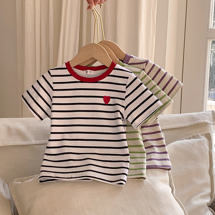 【90-150】ボーダー柄ワンポイントハートTシャツ