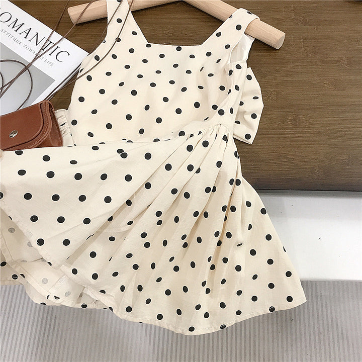 【90-140】取り外しリボン付きドット柄ワンピース