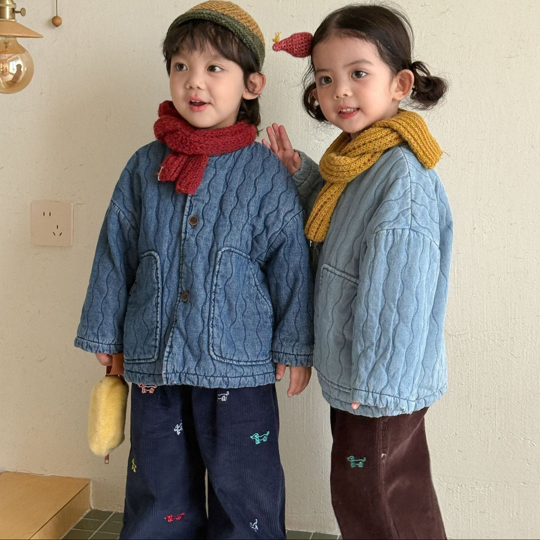 【80-150】ノーカラーキルティングデニムジャケット