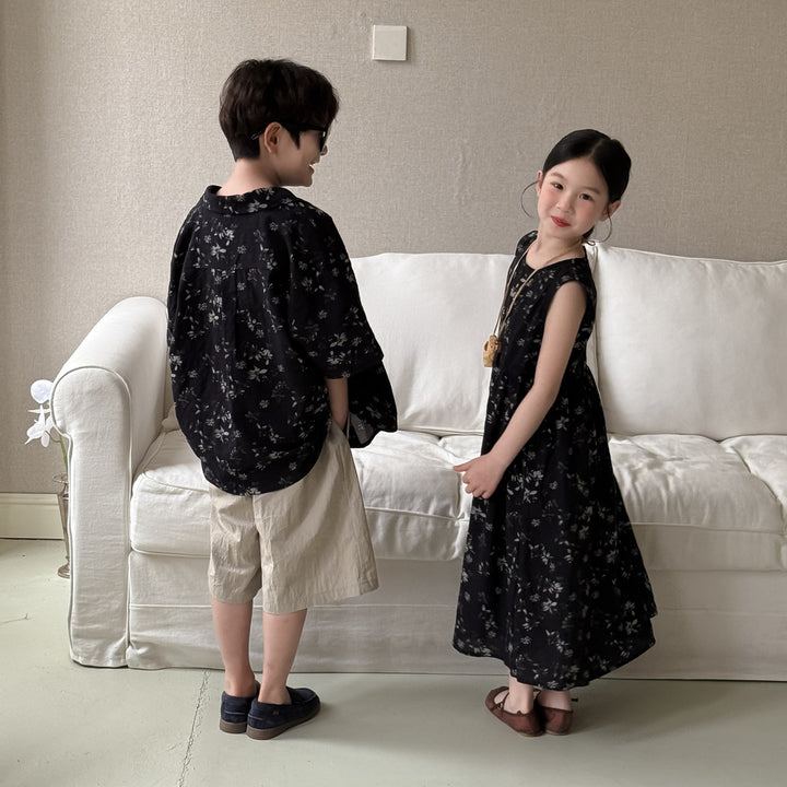 【90-150】ボタニカル柄ノースリーブワンピース