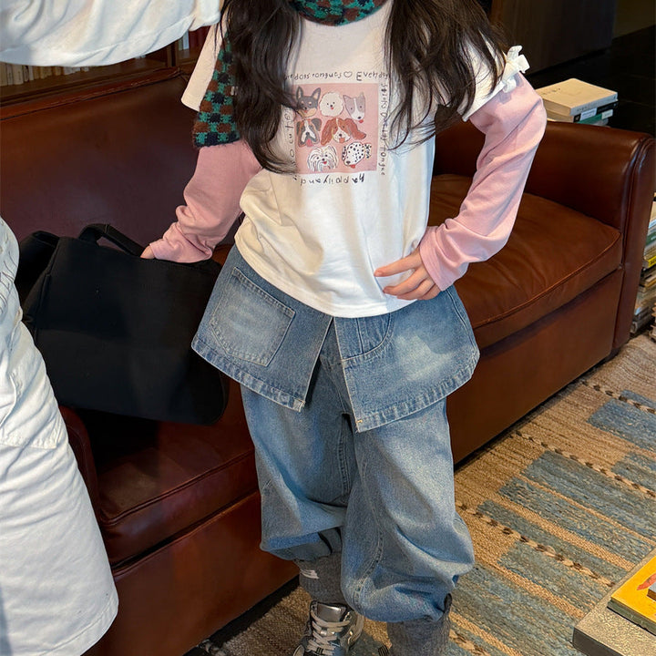 【100-150】レイヤード風デニムワイドパンツ