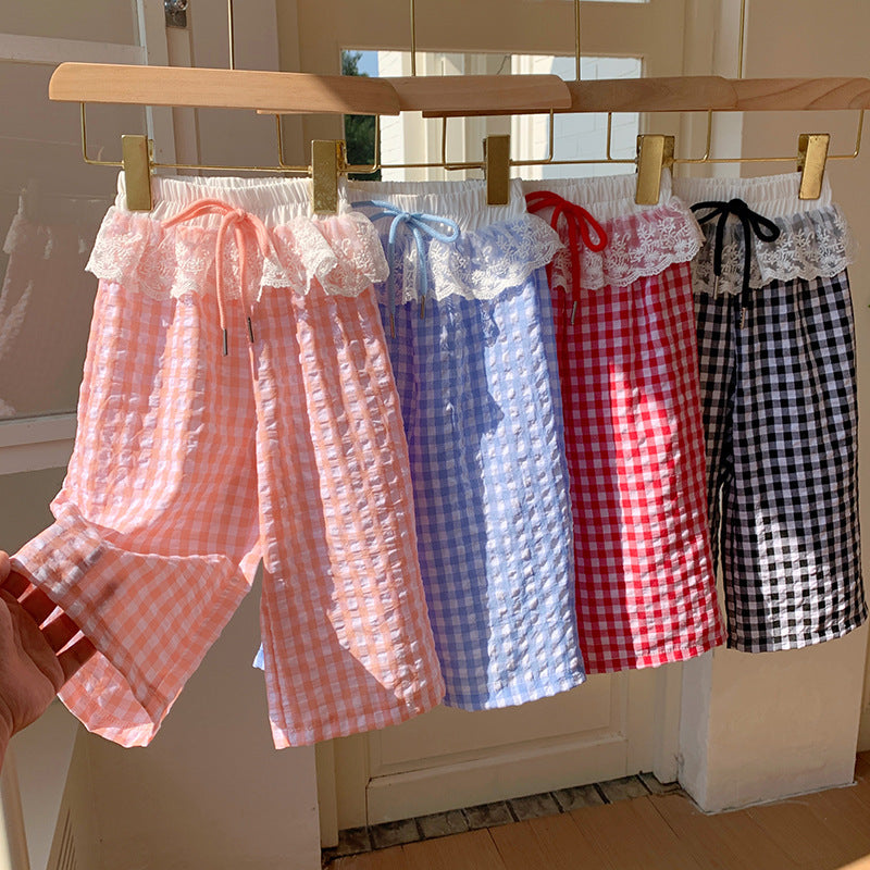 【90-150】ウエストレースギンガムチェックパンツ