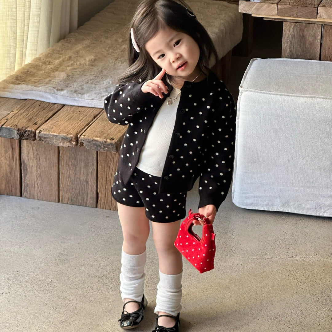 【90-140】ドット柄カーディガン×ショートパンツセット