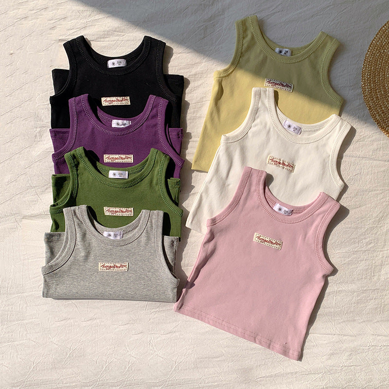 【90-150】ワンポイントワッペンノースリーブトップス