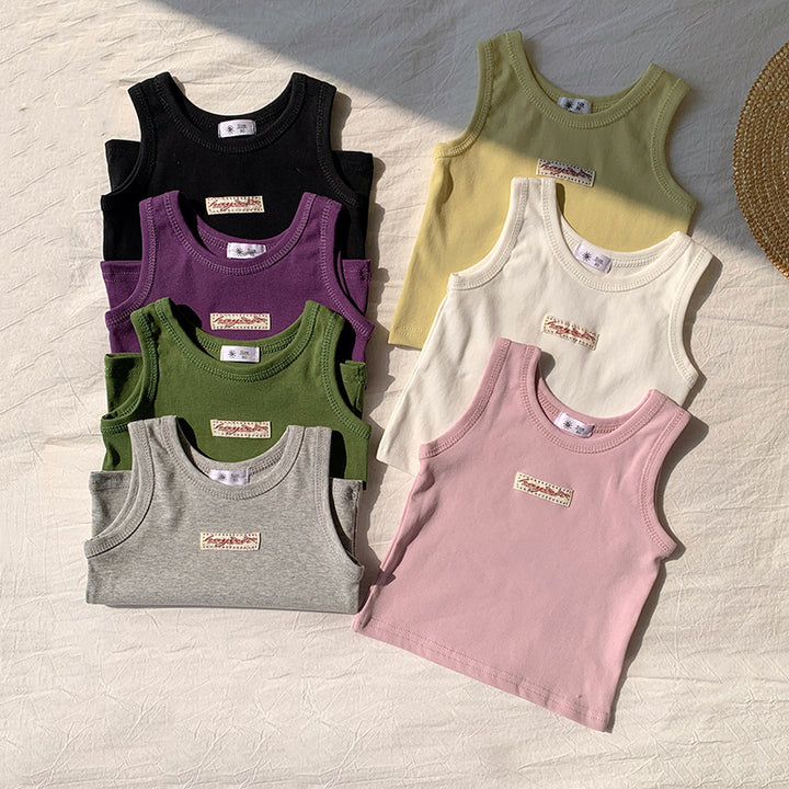 【90-150】ワンポイントワッペンノースリーブトップス