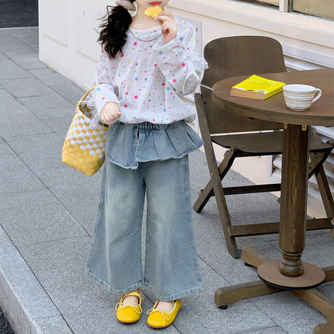 【90-140】レイヤード風ワイドデニムパンツ