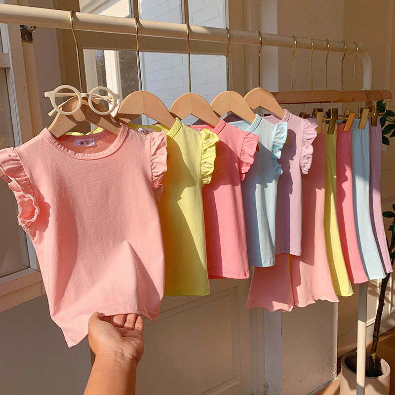 【90-140】ショルダーフリルノースリーブ×フレアパンツセット