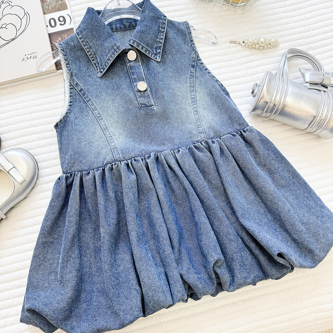 【90-150】デニムノースリーブポロワンピース