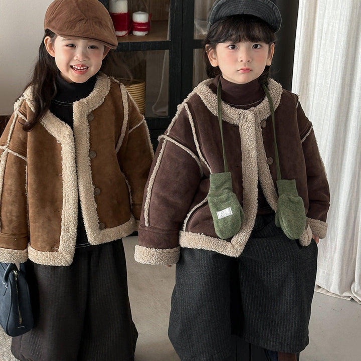 【80-140】ノーカラーフェイクムートンジャケット