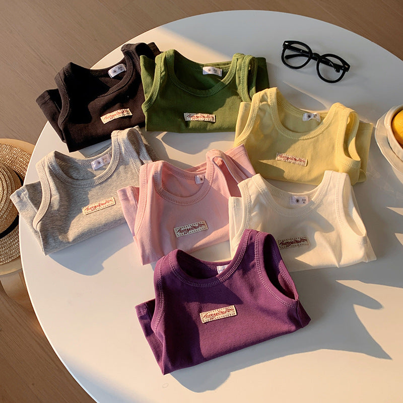 【90-150】ワンポイントワッペンノースリーブトップス