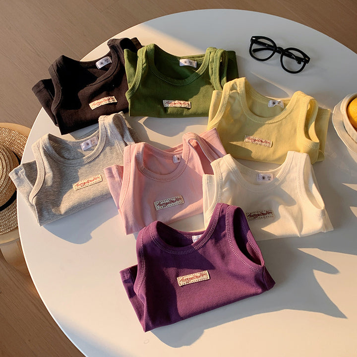 【90-150】ワンポイントワッペンノースリーブトップス